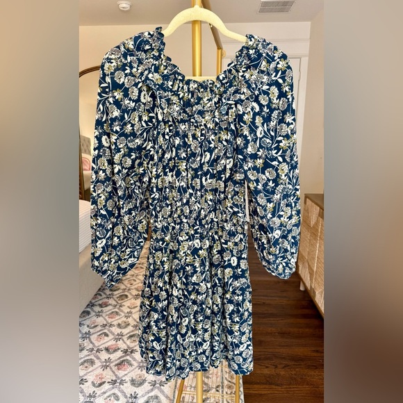 The Westside NWT Layla Navy Blue Floral Ruffle Smocked Prairie Mini Dress- Small - Picture 5 of 11